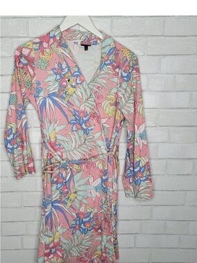Talbots Pastel Tropical Floral Wrap Robe with belt Pink, Blue and Mint Green S